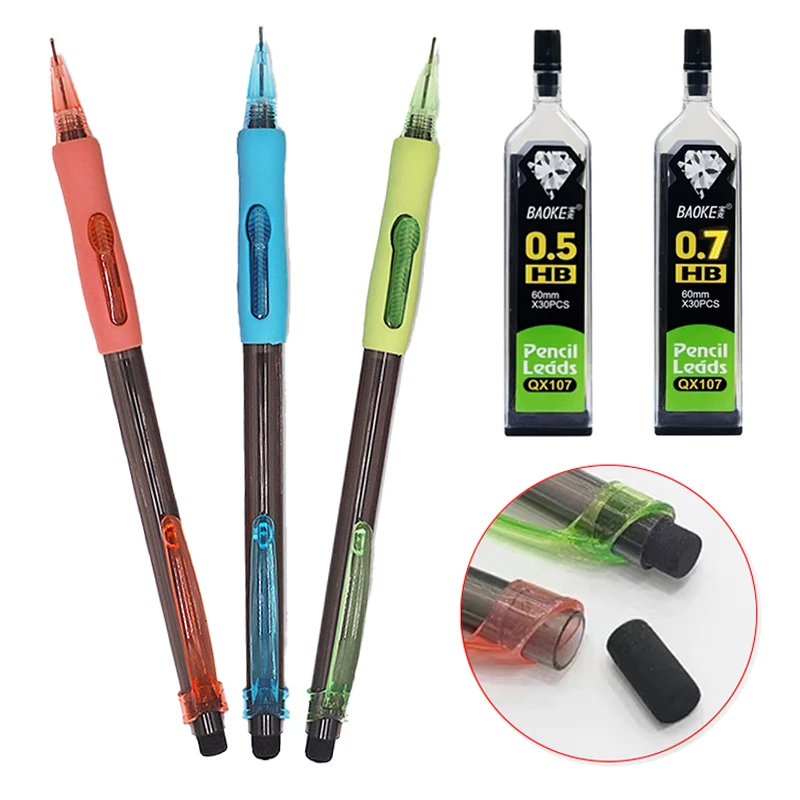 3 Teile/satz 0,5 0,7mm Seite Drücken Mechanische Bleistift mit Radiergummi HB Führt Schule Büro Malerei Schreiben Schreibwaren – Detail 5