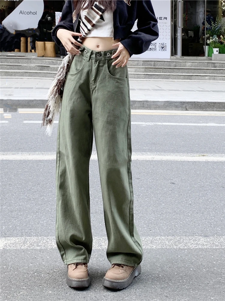 

Women's Green Jeans Vintage Washed Multiple Pockets Wide Leg Pants Casual Street High Waist Baggy Denim Trouser Ladies Summer