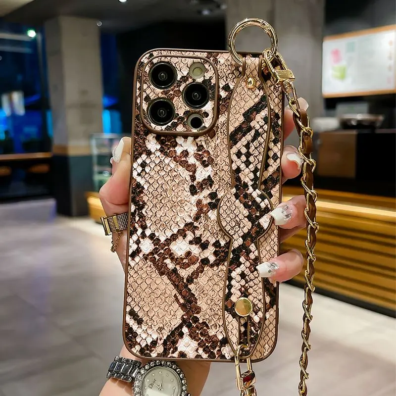 Luxury Snake Skin Pattern All Inclusive Wristband Phone Case with Hanging Chain for iPhone 15 ProMax 14 Plus 13 12 11 XSMax XR X image 3
