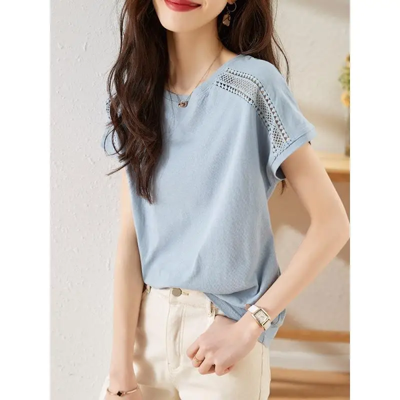 

Summer Women's T-irt ortsved Hollow Bat Sve Straight Leg ort Sve Top for Ladies Other 00% Material Casual Wear