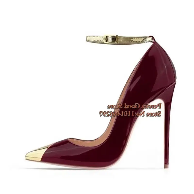 

Pointed Golden Metal Toe Woman Ankle Strap Shoes Red Black Patent Leather Shallow Stiletto High Heels Dress Shoes Big Size 45