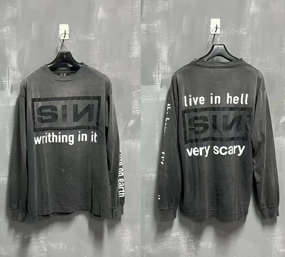 

Good Quality 25ss SAINT Blue Black Long Sleeve Print Fashion Men Women Cotton Japan Style Vintage American Style T-Shirt