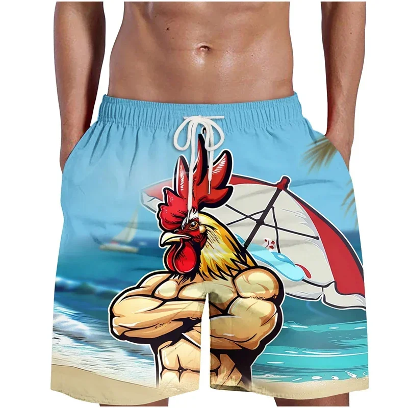 Calças de praia masculinas com cabeças de frango estampadas, calças de animais com estampa de frango 3D e trajes de banho casuais para havaianos