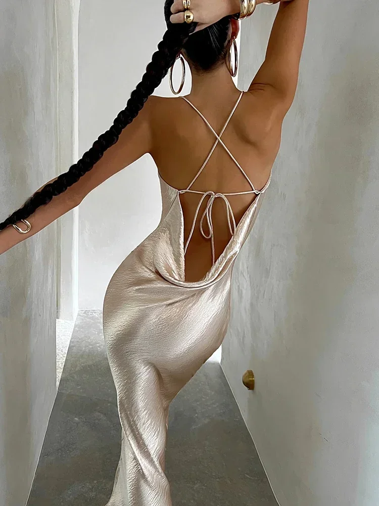 Laxsesu élégant Satin dos nu robe Maxi pour les femmes robe d'été Spaghetti sangle sans manches boîte de nuit fête longue robe Vestido