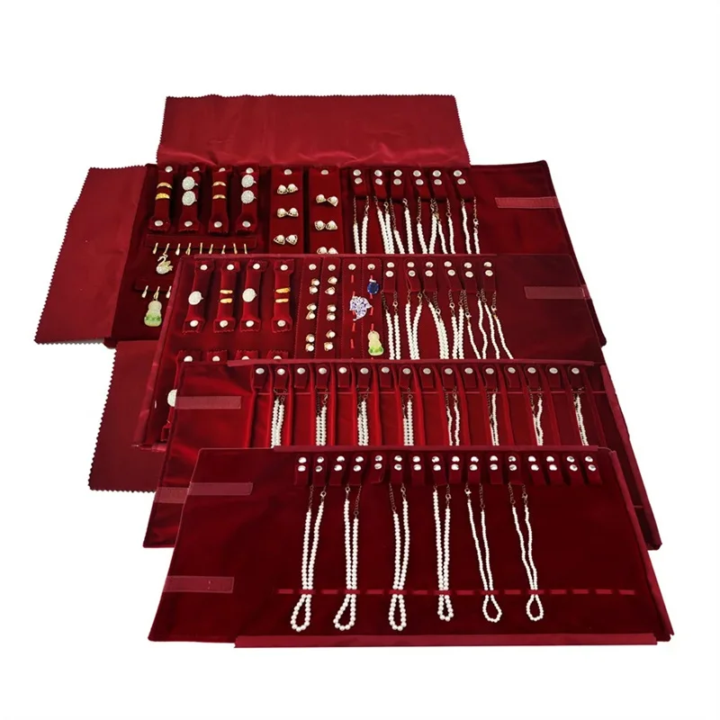 Burgundy Velvet Jewelry Roll-Up Case Portable 16-Slot Necklace Roll-Up Case Set Roll-Up Case Film Cover Cloth Set