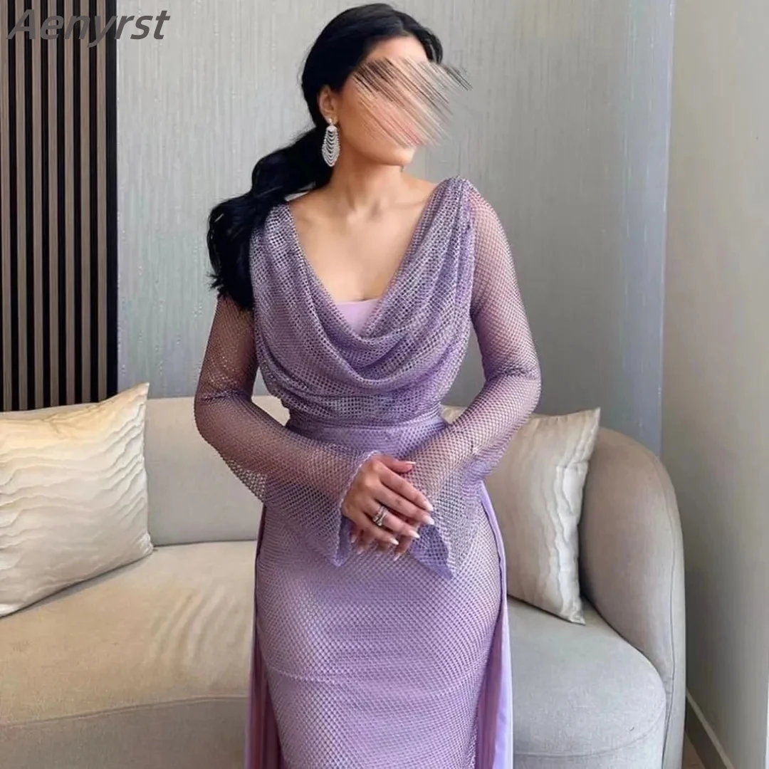 Aenyrst V Neck Saudi Arabia Women Wear Prom Dresses Chiffon Mermaid Party Evening Gown with Overskirts Long Sleeves Formal Dress