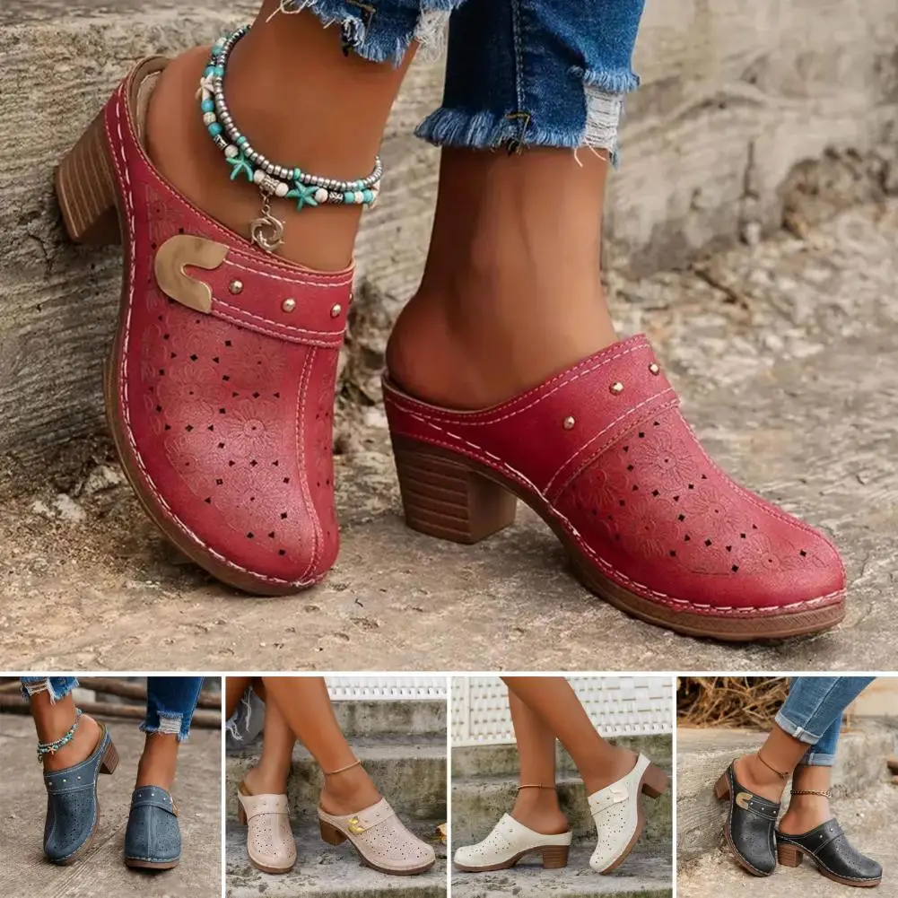 Classic Design Women Shoes Stylish Women's Chunky Heel Mules with Flower Pattern Hollow Upper for Summer Street Parties Fall