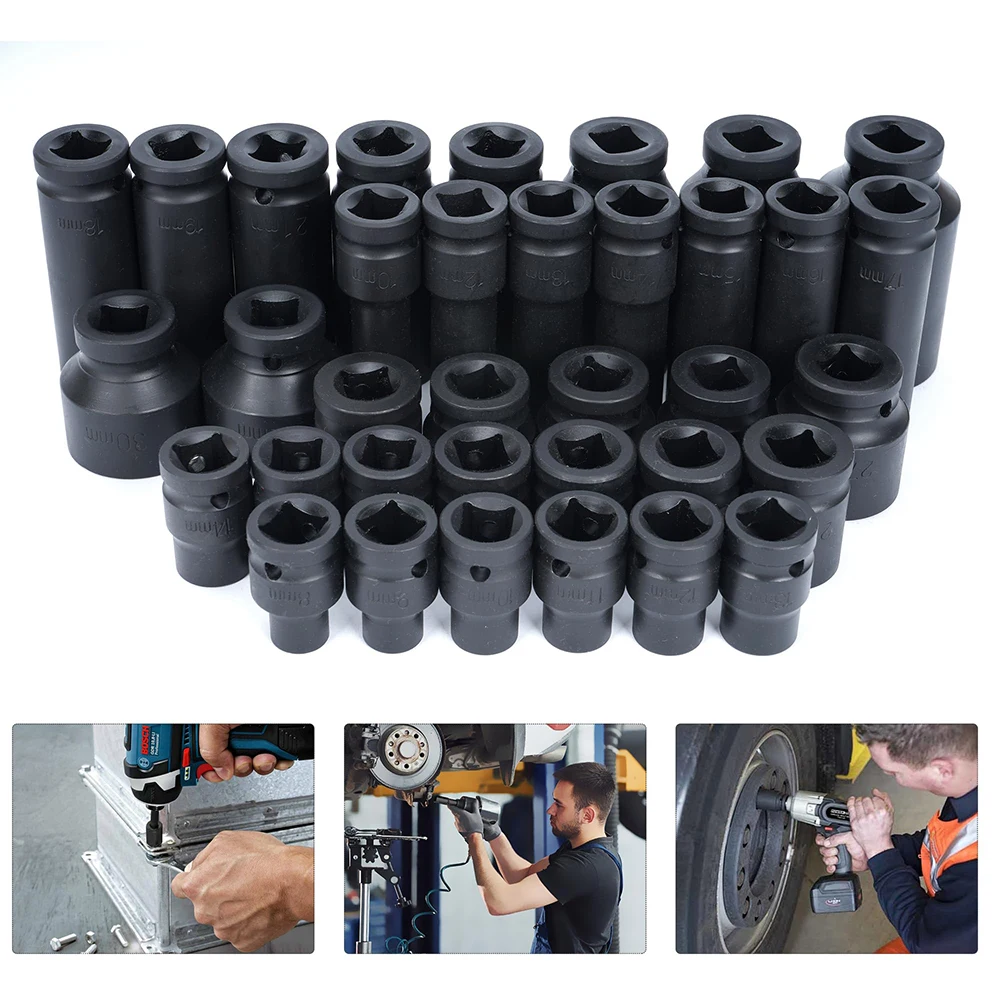 Degreat 35-teiliger 1/2"-Antrieb Tiefen-Schlagschraubenschlüssel-Satz 6-Punkt-Steckschlüssel Spindel-Achsmutter Garage Werkstatt Auto LKW Reparatur Handwerkzeuge 8-32MM