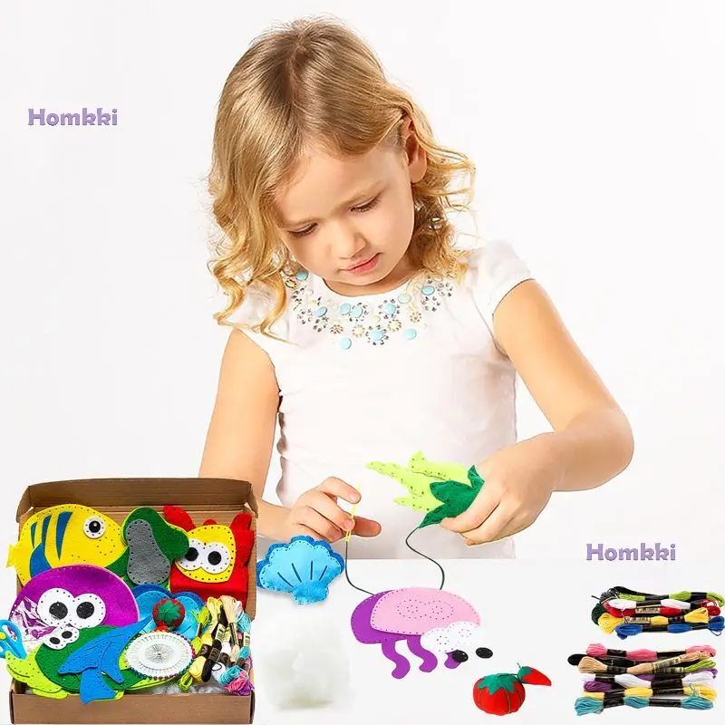 Sewing Sea Animal Craft Kit Felt Handmade Toy DIY Sewn Crab Turtle Seashell Jellyfish Stitching Supplies For Kids Beginner Teens