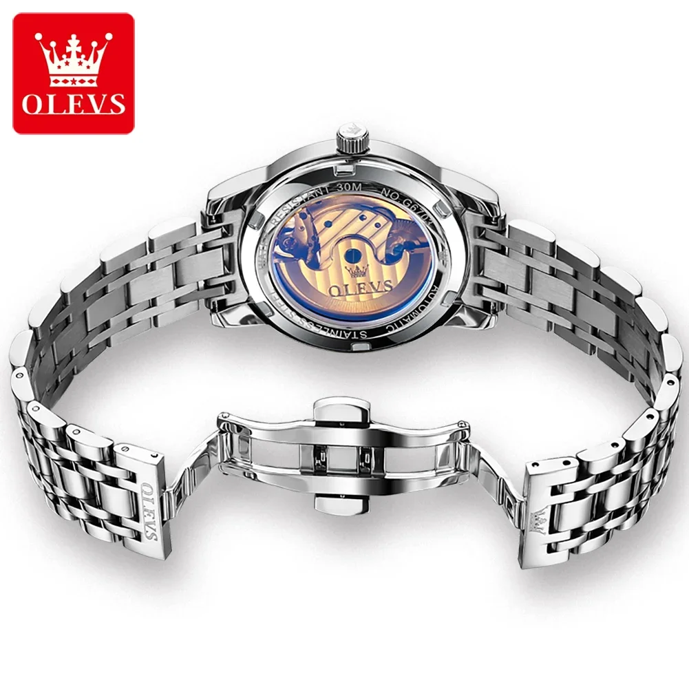 OLEVS 6703 New Mechanical Watch For Men Moon Phase Hollow Flywheel Big 42mm Dial Luxury Automatic Watches Waterproof Hand Clock