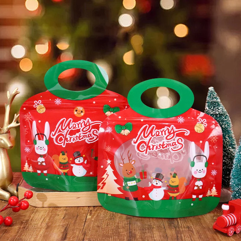 5/10Pcs Christmas Party Gift Bags With Handle Cookies Lollipop Chocolate Packaging Bag Decoration Child Favors