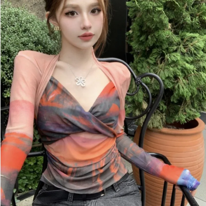 

Summer New Style Long Sleeve Mesh T-Shirt Women's Sexy Spicy Girl Small Design Sunset Print Top Slimming Effect Sun Protection