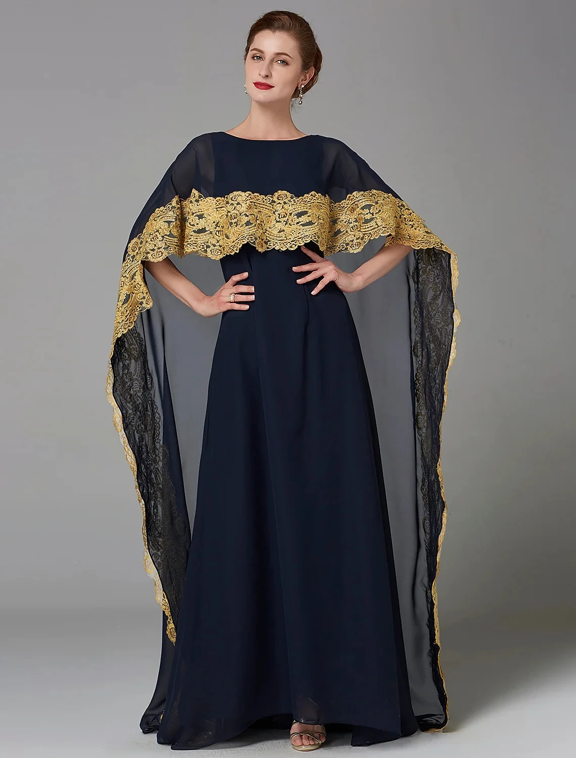 Dark Navy Moslim Avondjurk 2022 Elegant Bateau Hals Gold Kant Applicaties Chiffon Formele Prom Jassen Arabisch Vestidos De Festa