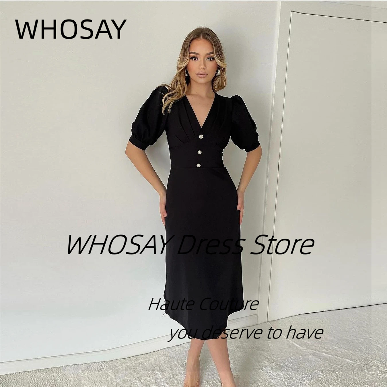 WHOSAY Tea Length Short Prom Dresses V Neck Buttons Cocktail Party Night Club Gowns Half Sleeves Evening Dresss