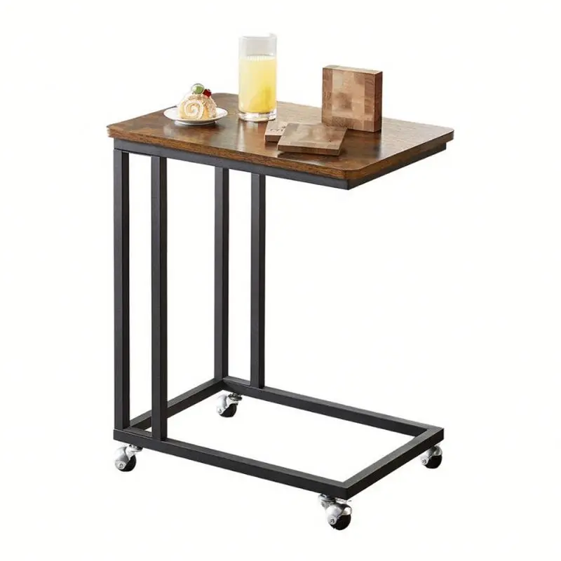 

Modern luxury metal and wood C-shaped side table with adjustable wheels, removable, eco-friendly,