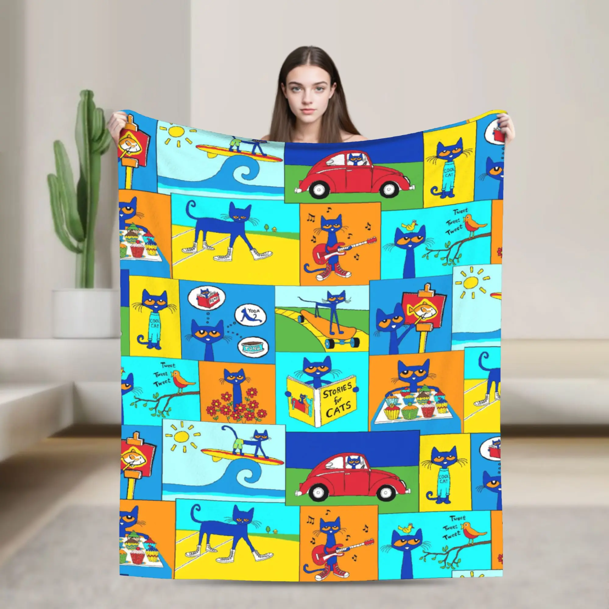 Pete the Cat  Blankets Groovy Kitten Flannel Vintage Warm Throw Blanket for Home Spring Autumn
