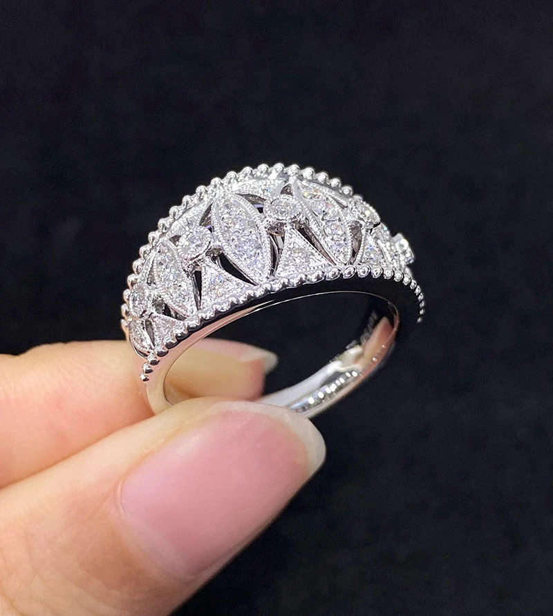 LUOWEND 100% 18K White Gold Rings Luxury French Style 0.50carat Real Natural Diamond Engagement Ring for Women Fine Jewelry