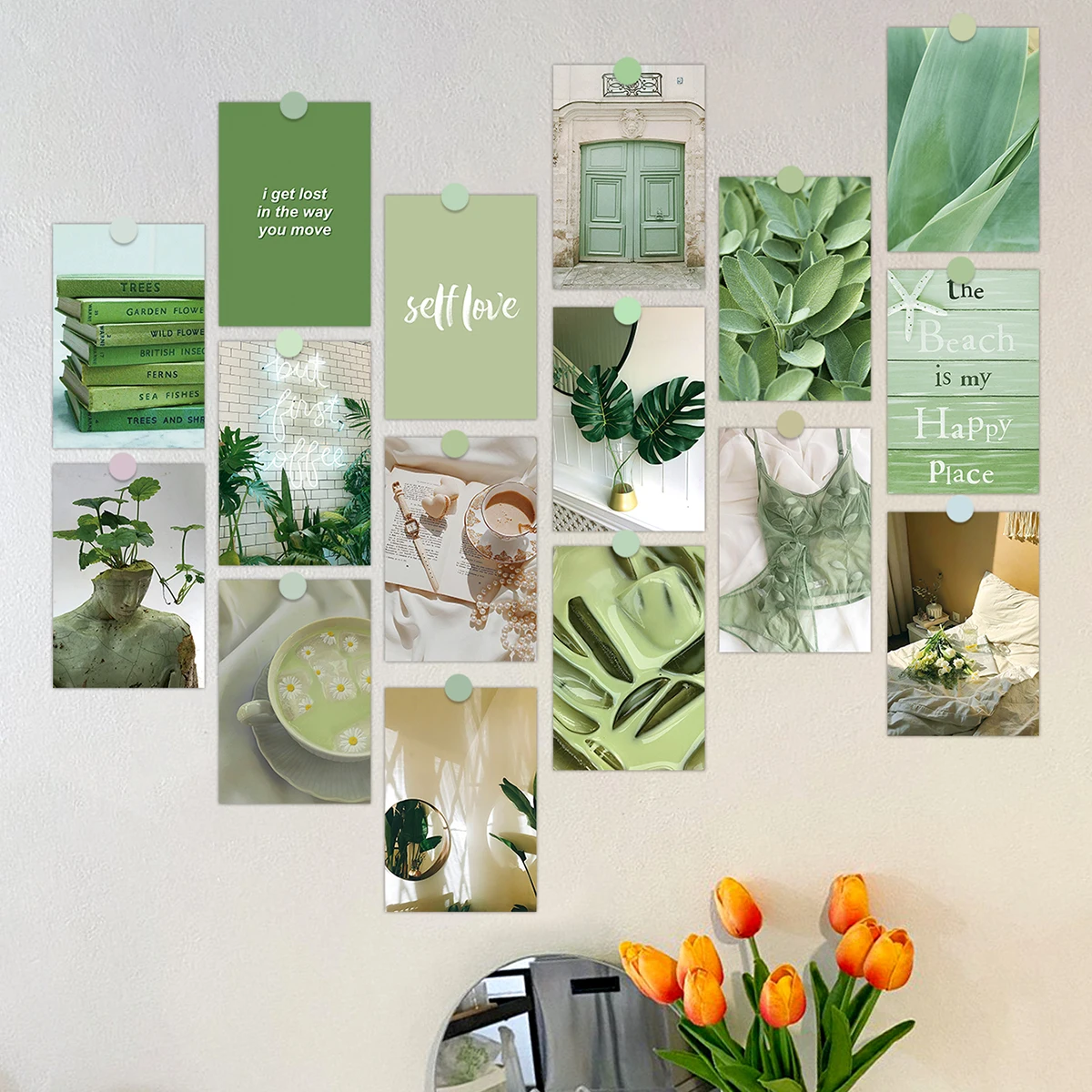 70pcs Green Matcha Aesthetic Wall Collage Kit,Green Wall Art Poster Cards Dorm Bedroom Room Decoration,Energetic Postcards Set