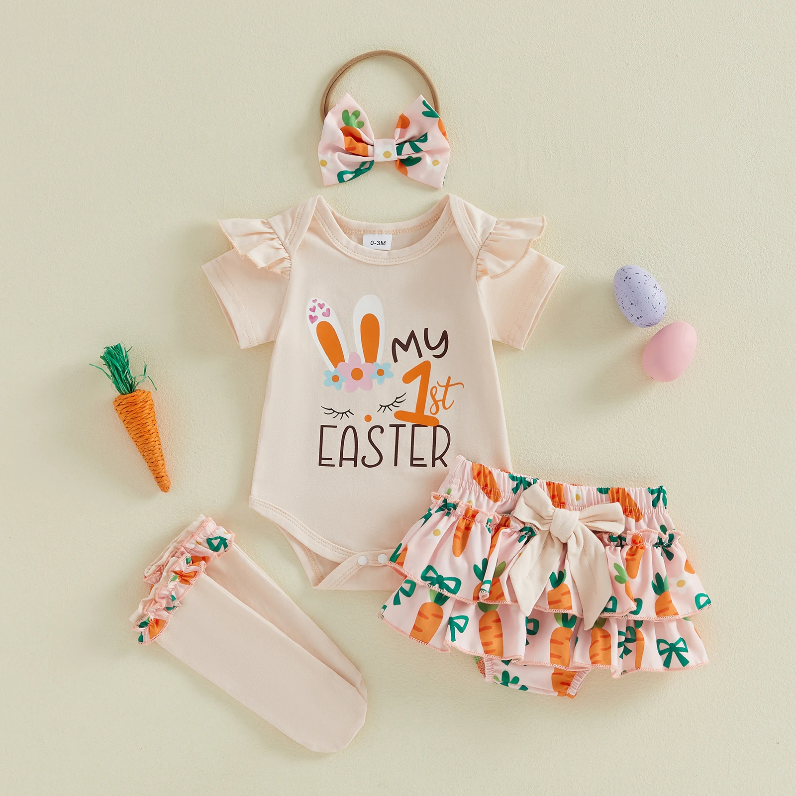 Baby Girl Easter Outfit Short Sleeve Letters Romper with Carrot/Bunny Shorts Bow Headband Socks Cute Baby Easter Costume view 3