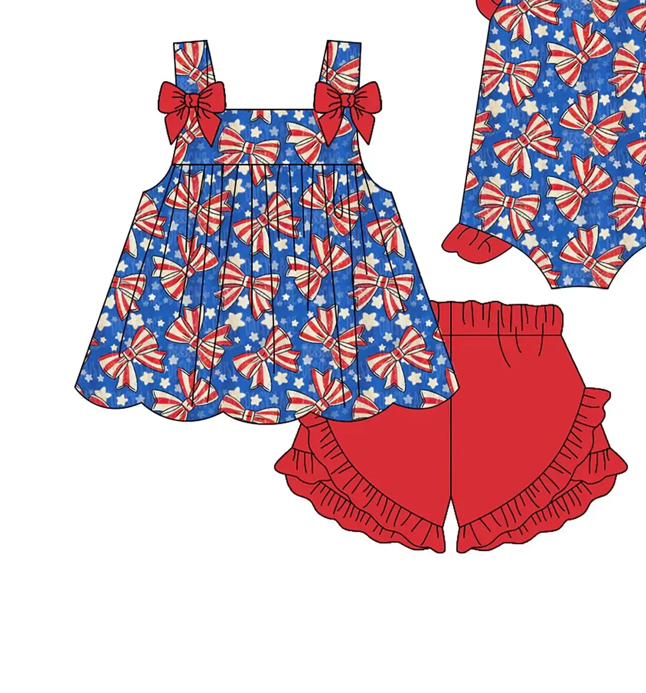 

Оптовый комплект: шорты и топ для девочек, летний, без рукавов, с бантом и звездами, на 4 июля, для малышей, комбинезон