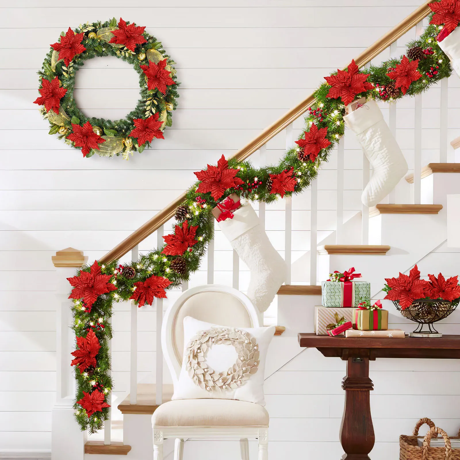 

Christmas Flower Artificial with Clips Decorations Indoor Flowers Tree Ornaments