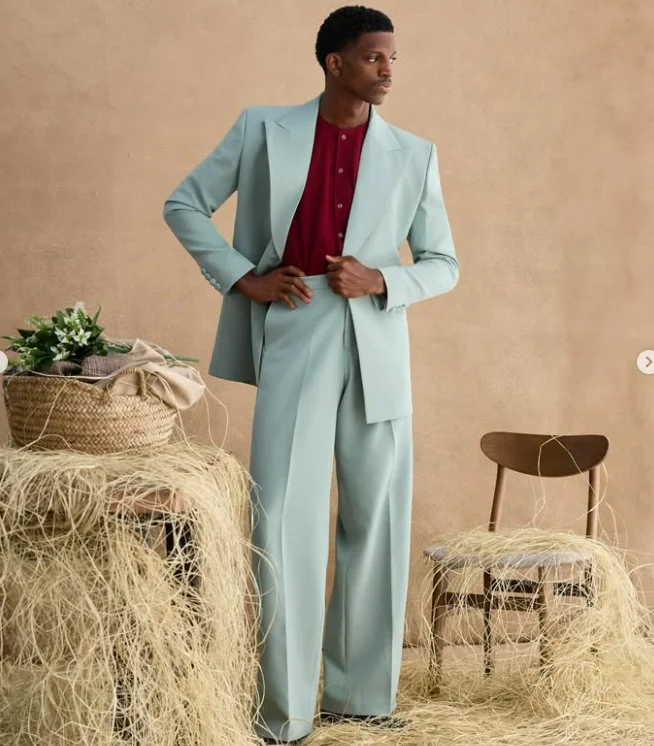

Men's Mint Green Double-Breasted Suit Modern Wide Leg 2-Piece with Peak Lapel Pastel Formal Business Wedding Outfit Customized