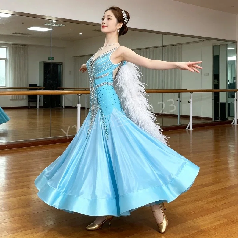 Adult Waltz Ostrich Feather Sleeveless Beaded Decoration Backless Dress Customize Female Ballroom Dance Clothe Modern Dance