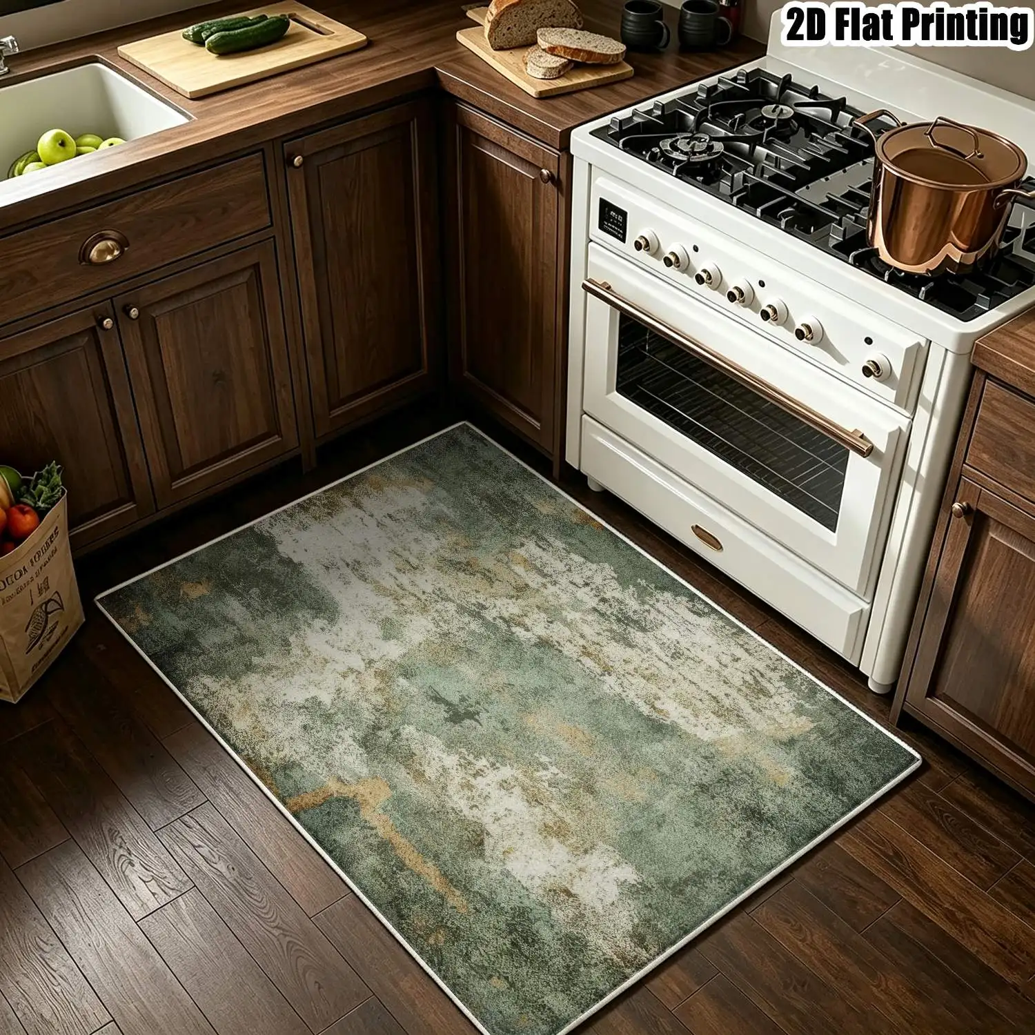 1Pc 2D Printed Velvet Carpet with Green, Brown, White Abstract Art Patterns Nordic, Modern Minimalist, Vintage, Geometric Striped, Instagram-Style Floor Mats for Home Decor, Multi-Size, Machine Washable, for Entryway, Dining Room, Foyer, Bedroom, Living Room.