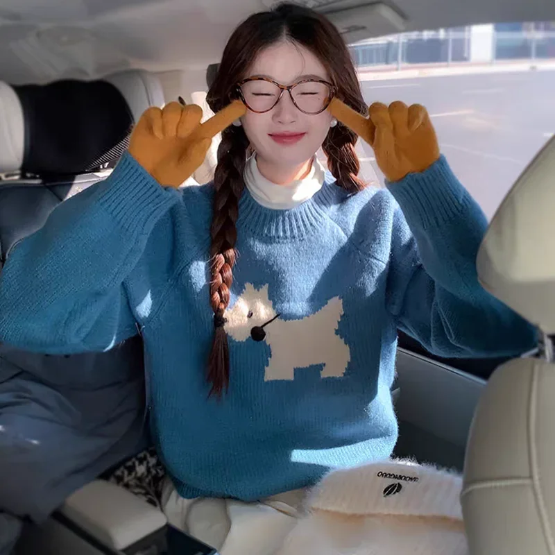 Korean Fashion Autumn Winter Round Neck Long Sleeved Pullover Lovely Puppy Sweater Women Tops Loose Casual Knitted Sweater