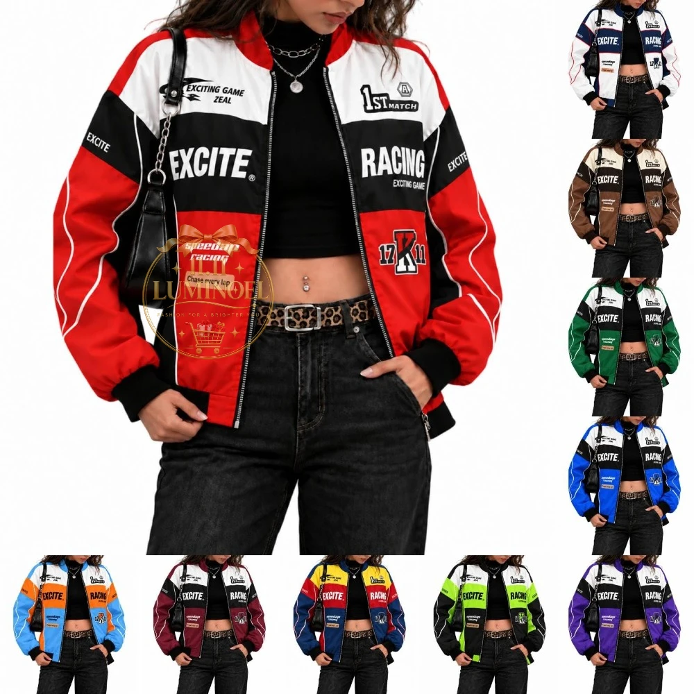 Race Car Jacket for Adult Vintage Color Block Letter Graphic Bomber Jackets Women Men Race Car Driver Jacket Loose Lightweight