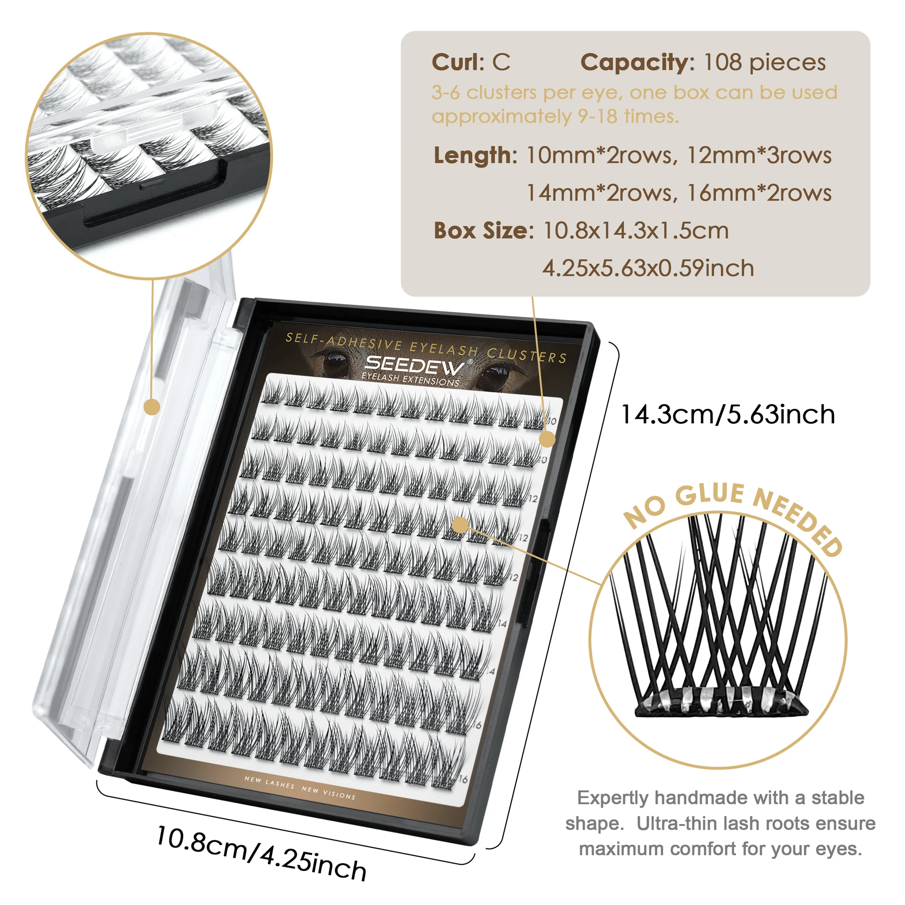 [Seedew] 108Pcs Natural Style Self Adhesive Eyelashes NO Glue Needed Cluster Lashes DIY Lashes Extension Individual Lashes