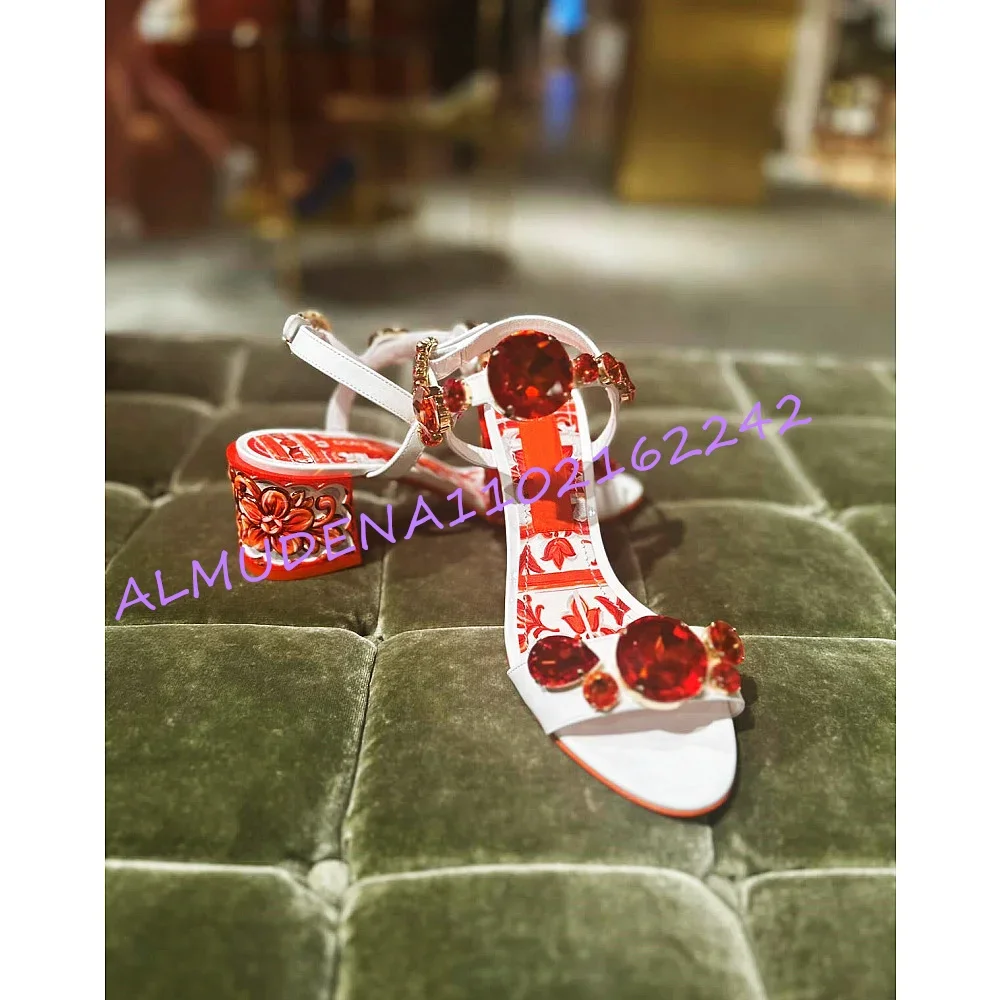2026 New Women'S Print Sandals Red Crystal Rhinestone Decor Chunky Block Heel White Leather Open Toe Ankle Strap Buckle Footwear image 3