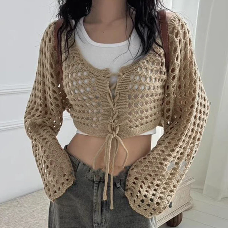 Sommer mode Schnür-V-Ausschnitt Langarm hohl gestrickt Strickjacke Damen Crop Top