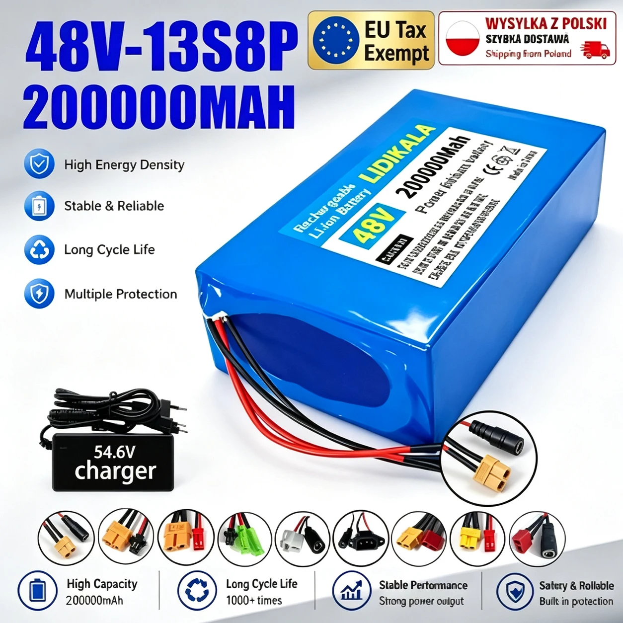 13S8P 48V 200Ah, con BMS integrato da 50A, pacco batterie al litio ricaricabile 18650 nuovo di zecca, caricabatterie 54,6V-2A, adatto per motori da 250–1000W