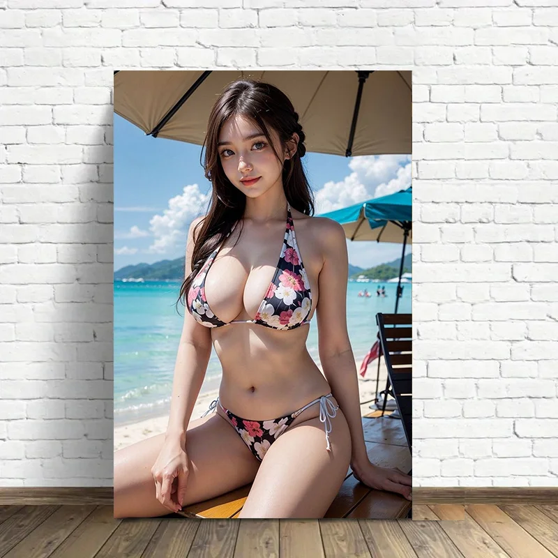 Sexy Asian Girl in Floral Print Bikini on Tropical Beach Metal Tin Sign, Vintage Iron Painting Wall Art Decor for Man Cave Ba