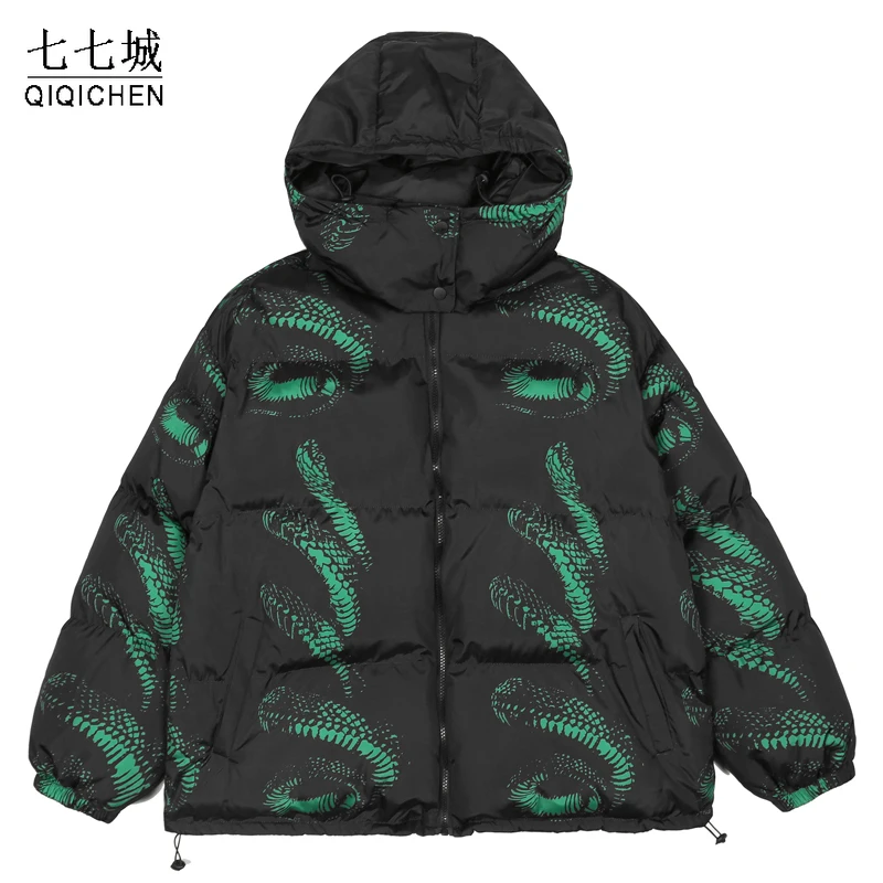 

Mens Winter Hooded Parkas Vintage Snake Graphic Print Oversized Padded Jackets High Street Windbreaker Coat Couple Streetwear