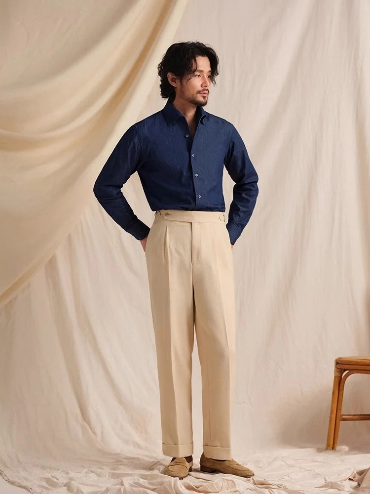 Csa de Negocios Casual de Manga Larga para Hombre, Estilo Italiano, de Aodón Puro CULTUM, Corte Entallado, Cuello Clásic...