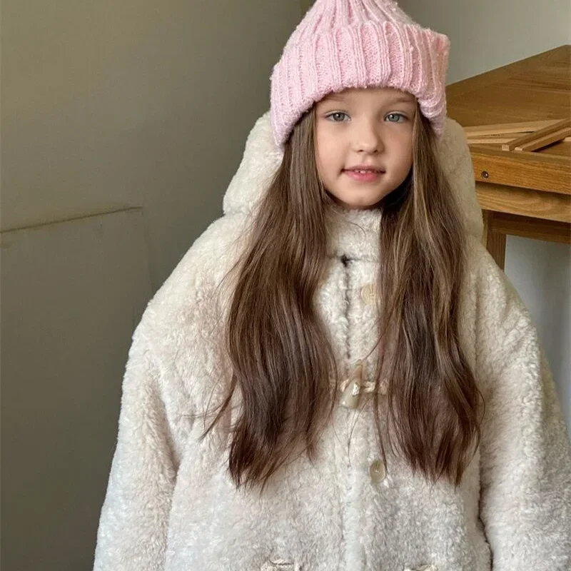 Girls Coat 2024 Winter New Childrens Clothes Korean Style Baby Girl Horn Buckle Medium Long Fur Coat Casual Simple Daily