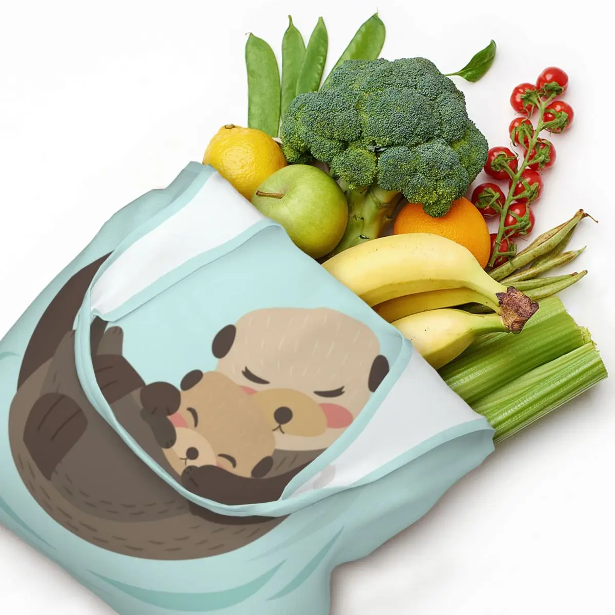 Cute Kawaii Sea Otter Mom And Baby Shopping Tote Bag Recycling Canvas Grocery Shoulder Shopper Bags Photography Handbag