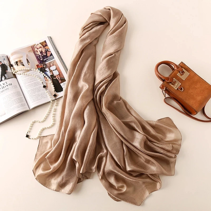 Lenços de seda feminino Hijab, sólido foulard, xales femininos, envoltórios, bandana, lenço de cabeça Hijab, poncho de praia, marca de luxo, 2023