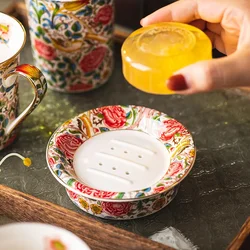 Creative Painted Flowers Ceramic Soap Box Bathroom Wash Table Drain Soap Box Perforation-free Shelf Bathroom Accessories Modern