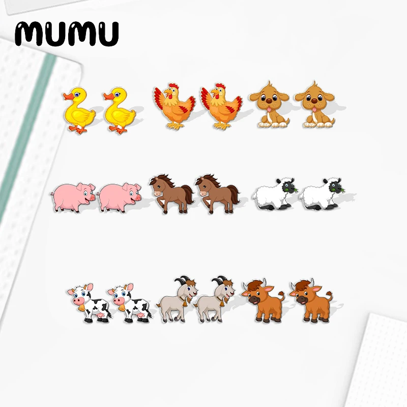 2023 New Goat Pig Cow Duck Cock Acrylic Stud Earring Cartoon Animal Handmade Earrings Resin Epoxy Jewelry Gifts Friend