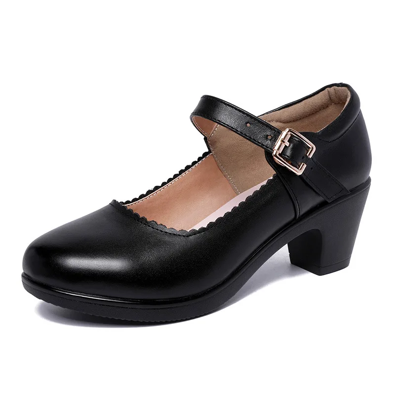 

Black Buckle Medium Thick Heel Round Toe Single Shoes Work Shoes for Office Qipao Walking Show & Square Dance Shoes for Women