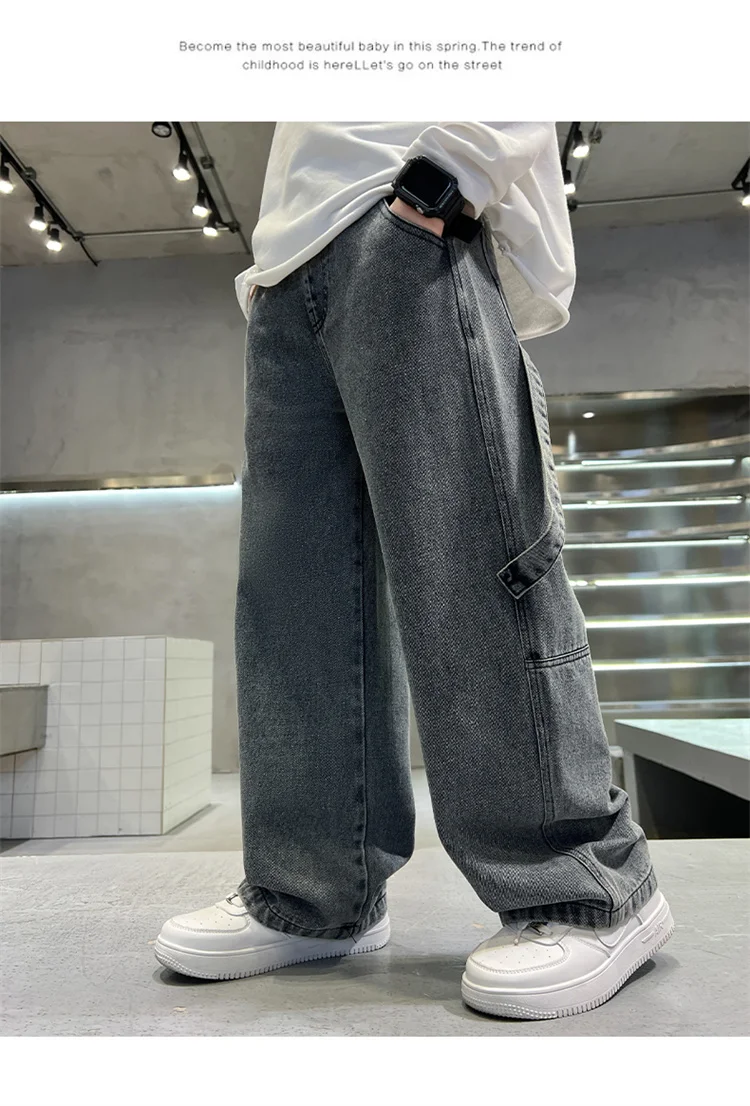 Graue Vintage-Jeans mit Tasche für Jungen, modische High-Street-Denim-Hose, lässige gerade Jeanshose für Teenager. – Detail 6