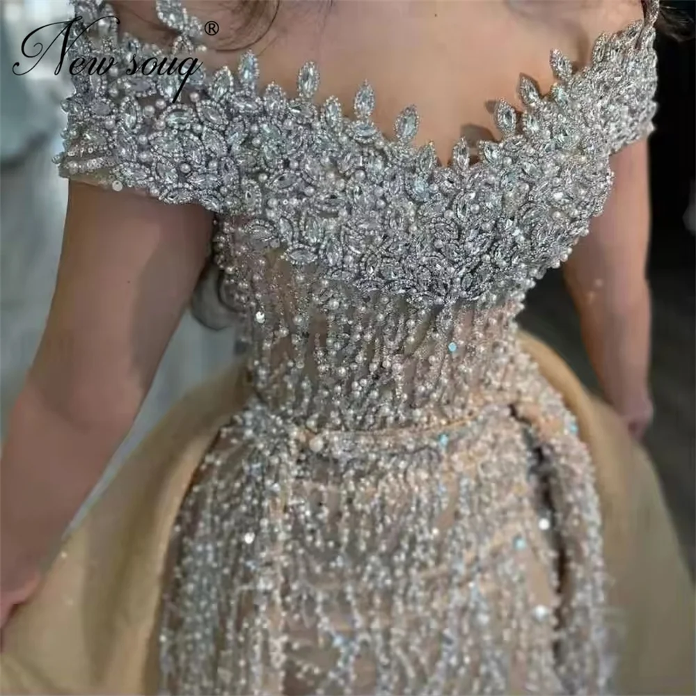 قطعتين الشمبانيا الديكور قبالة الكتف فساتين السهرة رداء حفلات الخطوبة بلورات حفلة موسيقية Vestidos De Cóctel مخصص #2