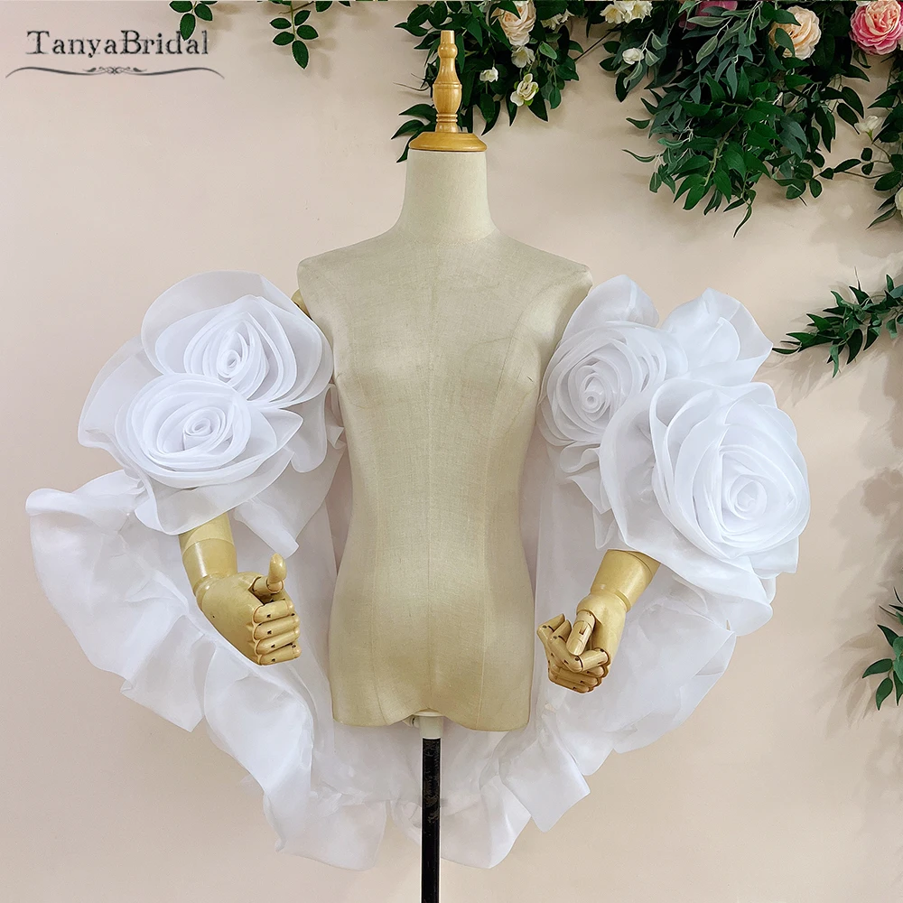 Exclusive Ivory Organza Wrap .Embroidered with Ruffles That Resemble Flowers. Short Bridal Cape  DJ367