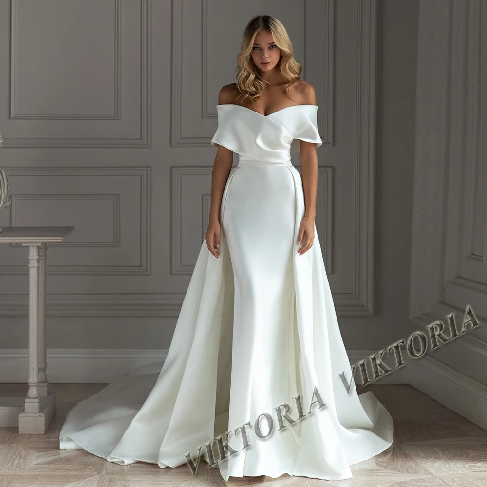 VIKTORIA Classic Satin Wedding Dress For Woman Bride 2023 Detachable Train Off Shoulder Mermaid Vestidos De Novia Drop Shipping