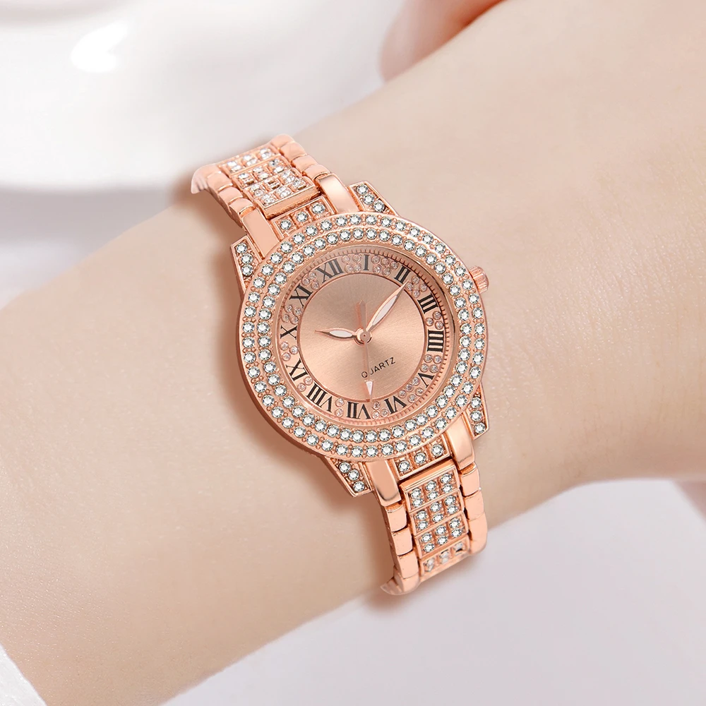 Rose Gold Ladies Quartz Watch 6PCS/Set Fashion Wristwatch Alloy Band Watch Water Droplet Element Jewelry Set Gift For Girls