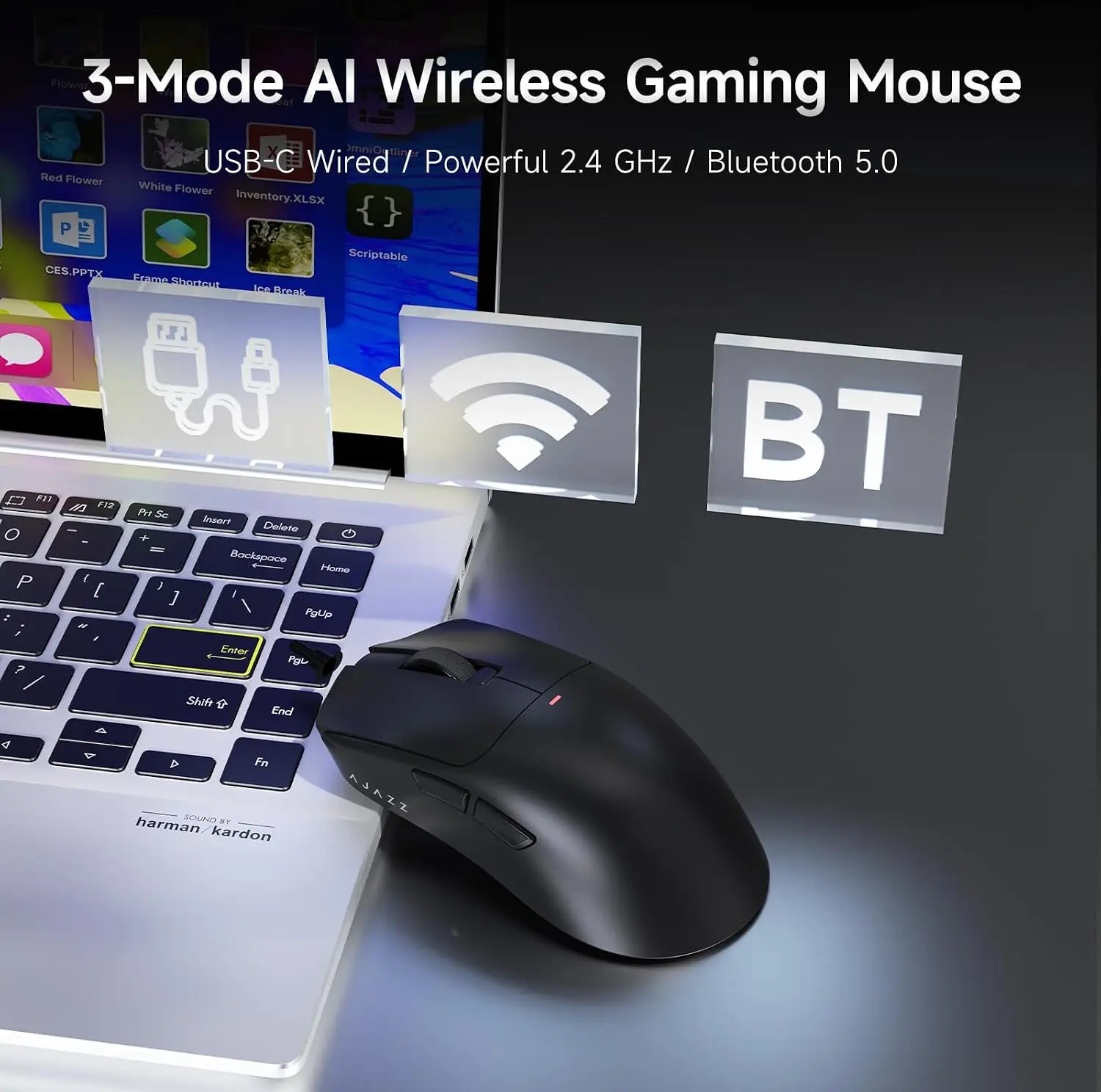 AJ200 NL AI Wireless Gaming Mouse - Triple Mode (2.4G/Bluetooth/Wired) - PAW3311 Sensor, 24000 DPI, 1000Hz, 61g Lightweight, 500mAh - AI Voice Interaction, Ergonomic Ribbed Frame