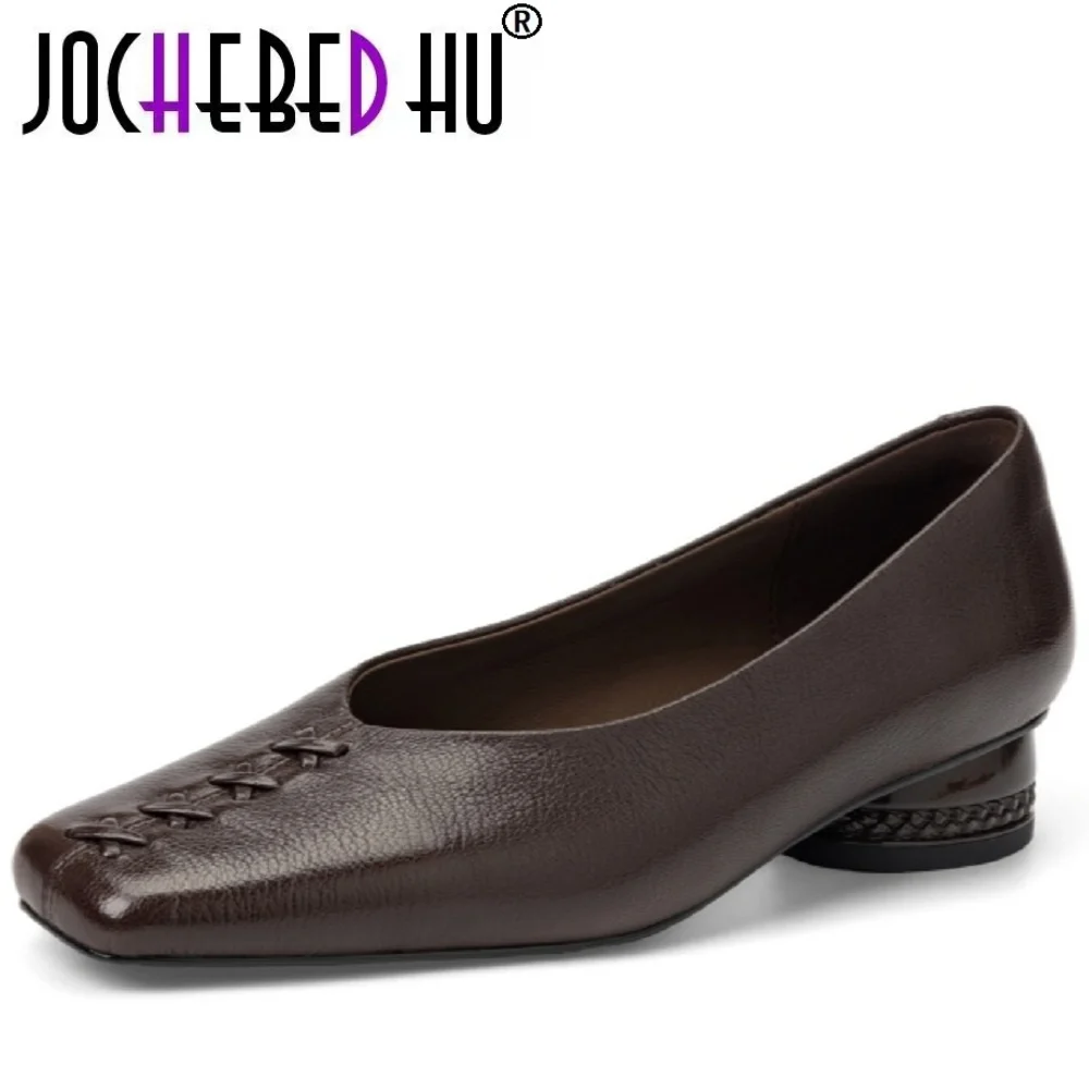 

【JOCHEBED HU】Women's Handmade Genuine Leather Soft comfortable Square toe quality elegant ladies Mid heel shoes 34-40